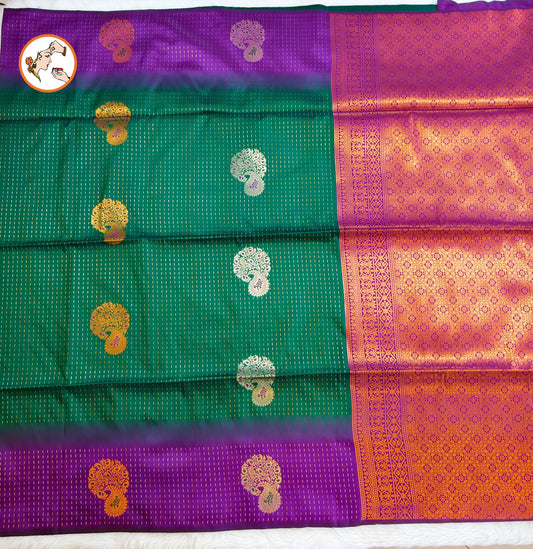 Dark Green with Purple raindrop design Soft Silk Saree