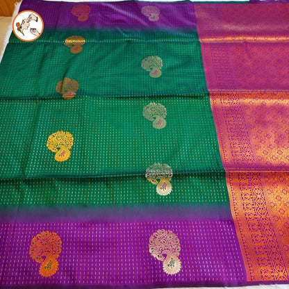 Dark Green with Purple raindrop design Soft Silk Saree