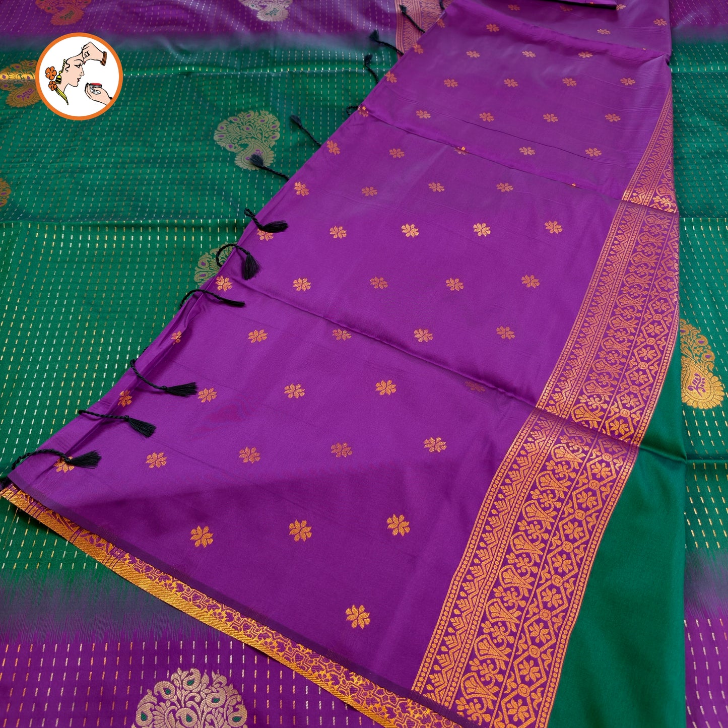 Dark Green with Purple raindrop design Soft Silk Saree