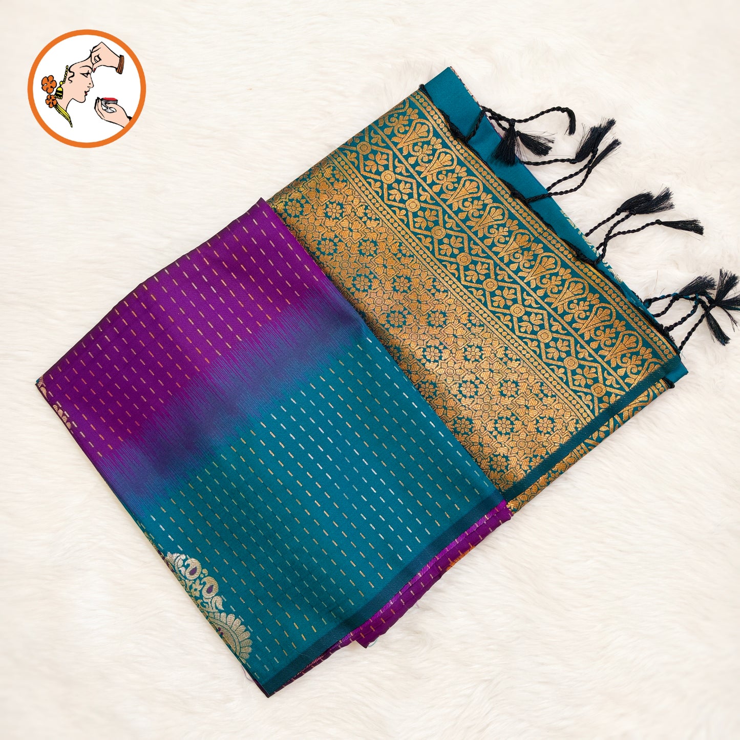 Purple with Peacock Blue raindrop design Soft Silk Saree