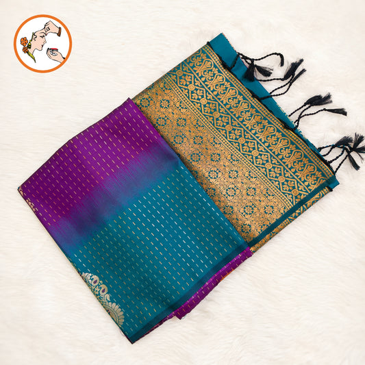 Purple with Peacock Blue raindrop design Soft Silk Saree