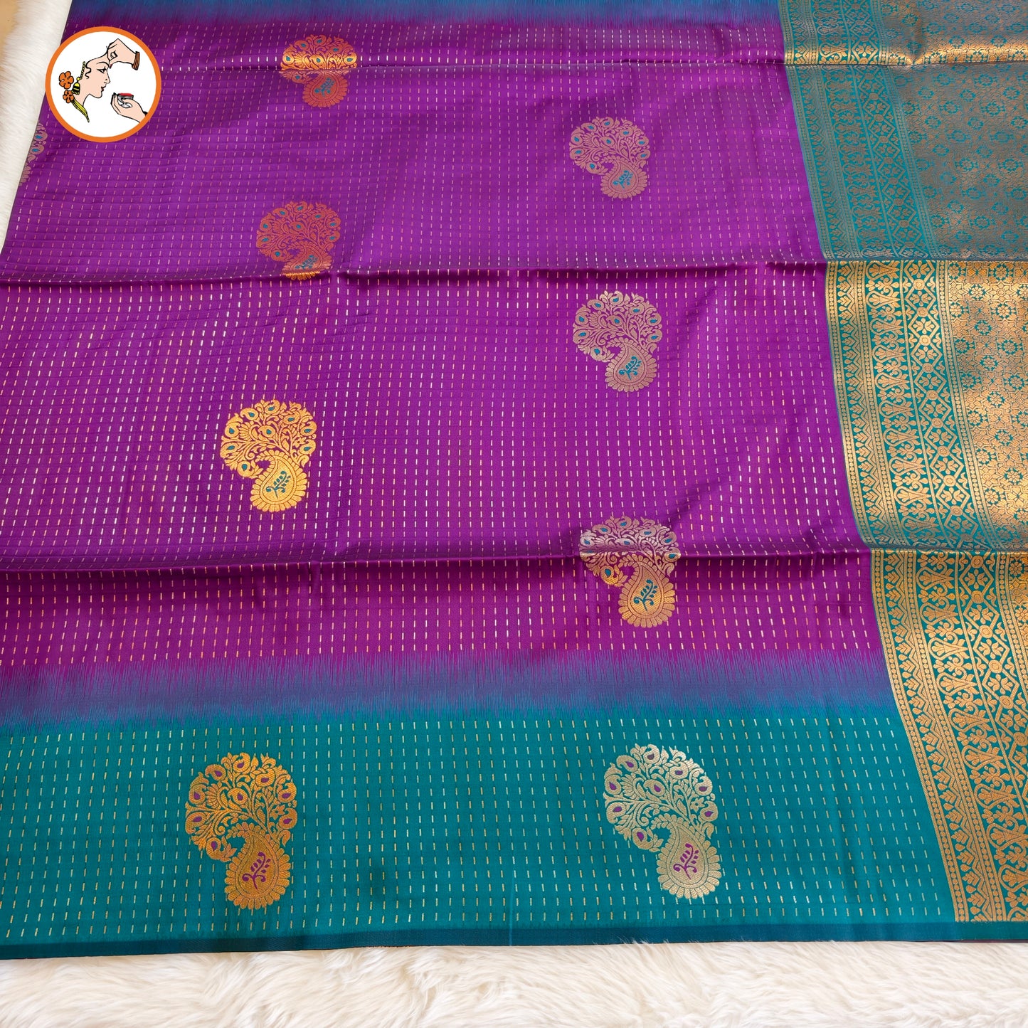 Purple with Peacock Blue raindrop design Soft Silk Saree