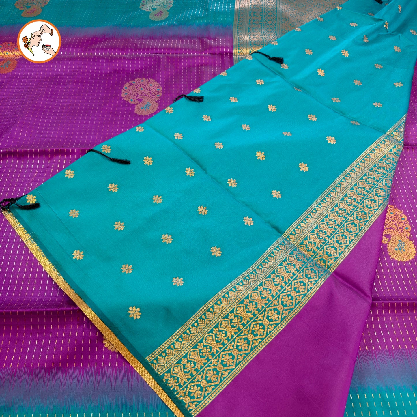 Purple with Peacock Blue raindrop design Soft Silk Saree