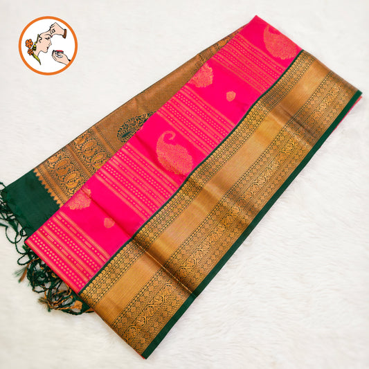 Pink with Green Copper zari Mango butta Kanchipuram soft Silk Saree