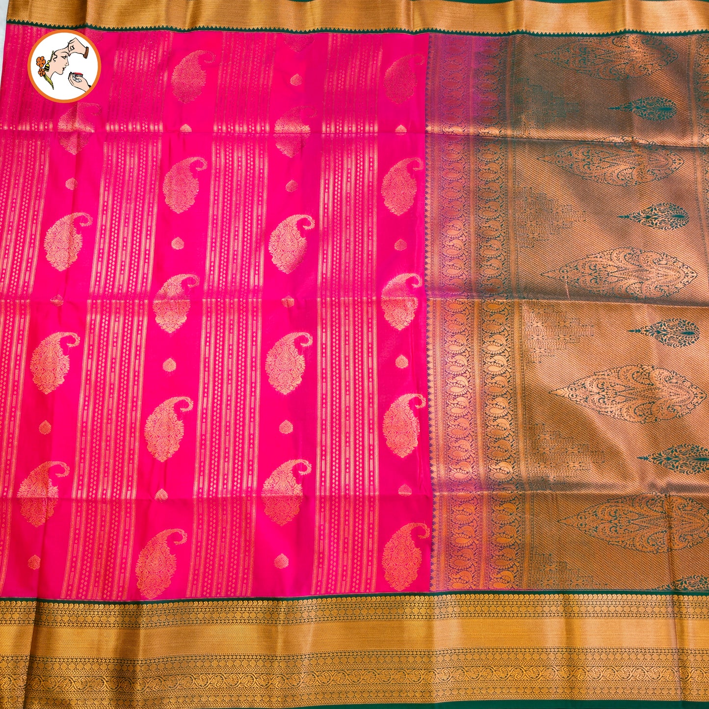 Pink with Green Copper zari Mango butta Kanchipuram soft Silk Saree