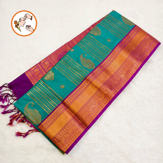 Teal Green with Purple Copper zari Mango butta Kanchipuram Soft Silk Saree