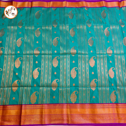 Teal Green with Purple Copper zari Mango butta Kanchipuram Soft Silk Saree