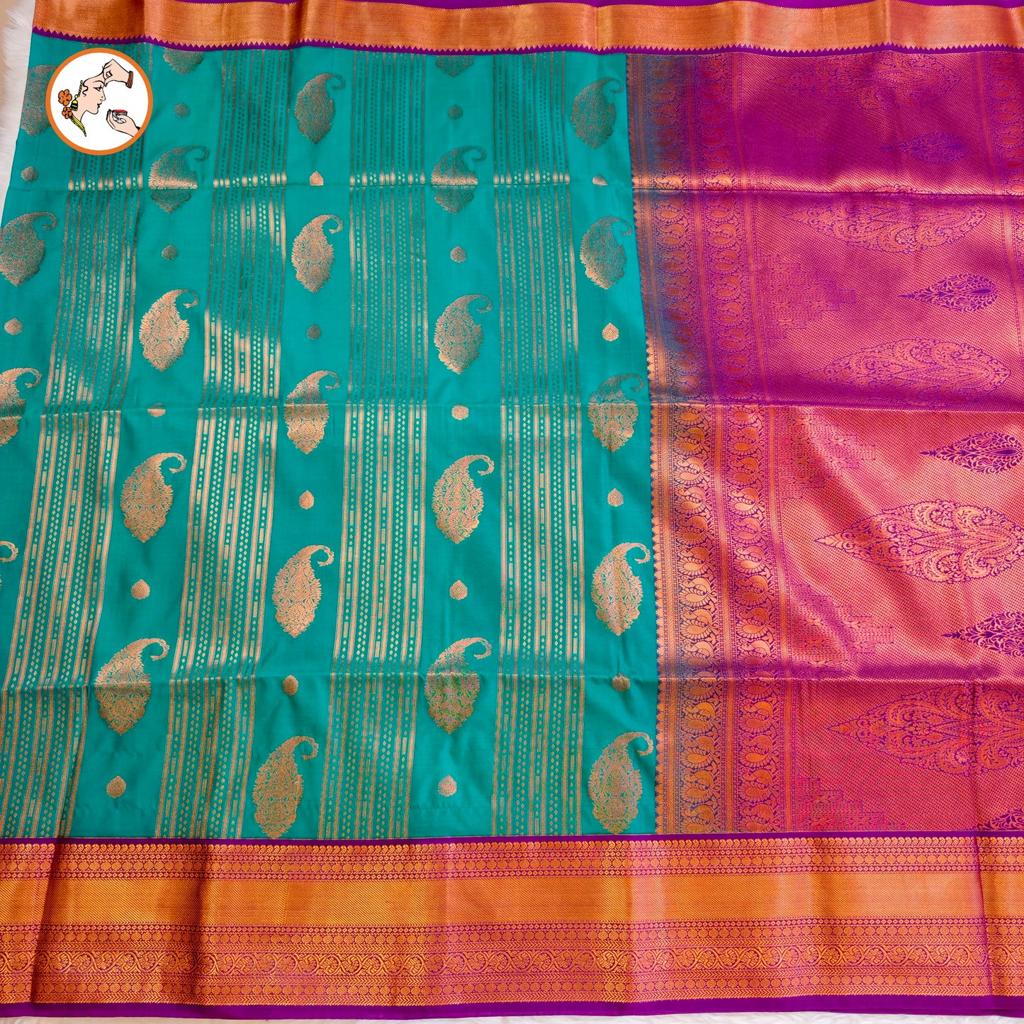 Teal Green with Purple Copper zari Mango butta Kanchipuram Soft Silk Saree