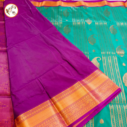 Teal Green with Purple Copper zari Mango butta Kanchipuram Soft Silk Saree