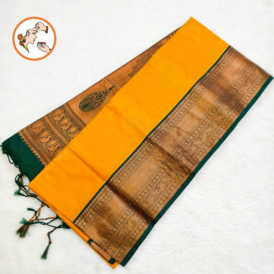 Mustard Yellow with Dark Green Copper zari Mango butta Kanchipuram Soft Silk Saree