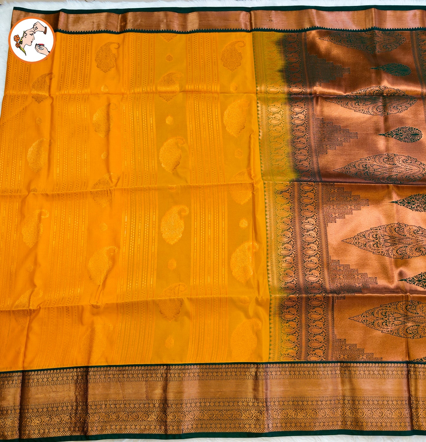 Mustard Yellow with Dark Green Copper zari Mango butta Kanchipuram Soft Silk Saree
