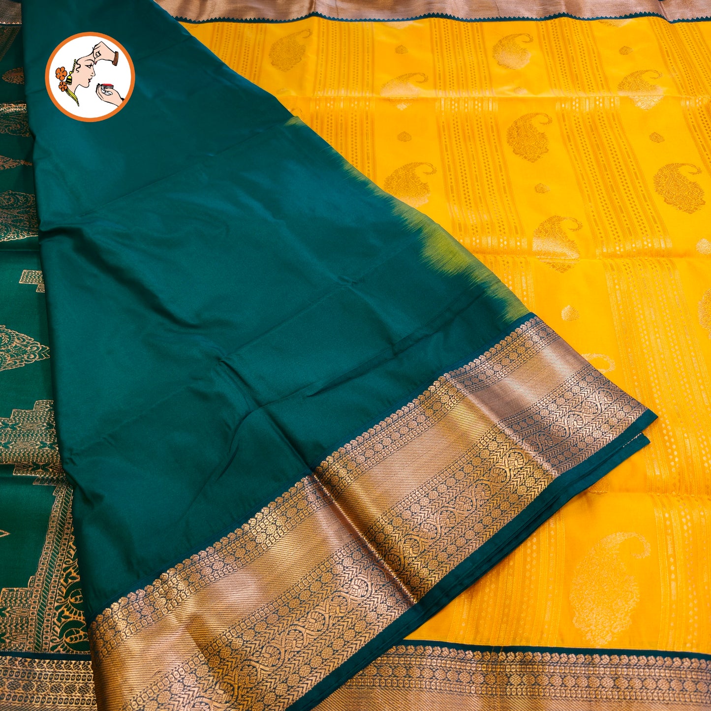 Mustard Yellow with Dark Green Copper zari Mango butta Kanchipuram Soft Silk Saree