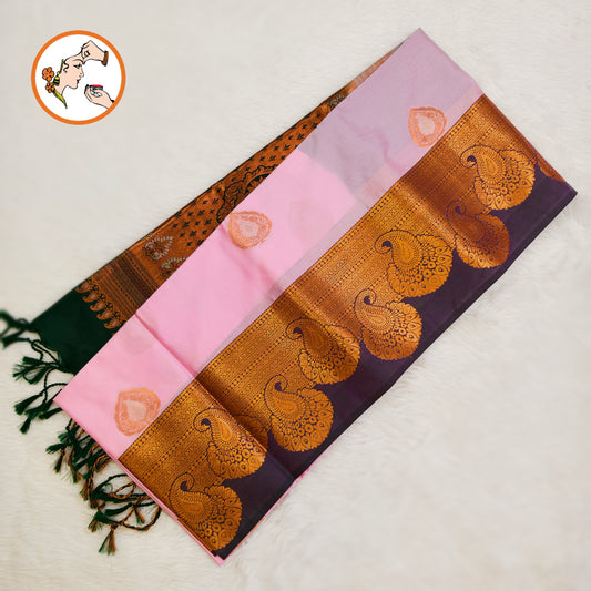 Baby Pink with Dark Green Turning border Kanchipuram Soft Silk Saree