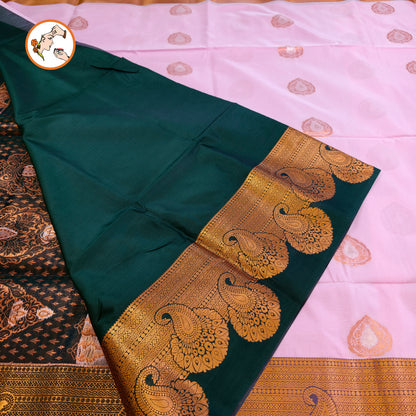 Baby Pink with Dark Green Turning border Kanchipuram Soft Silk Saree