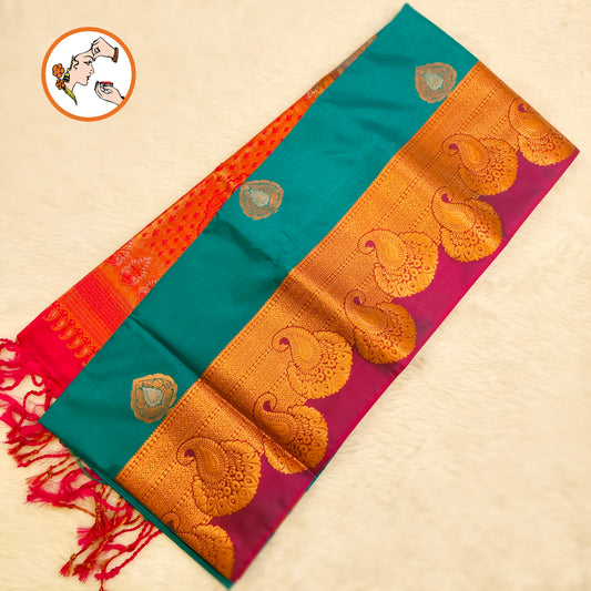 Peacock Blue with Pink turning border Kanchipuram Soft Silk Saree