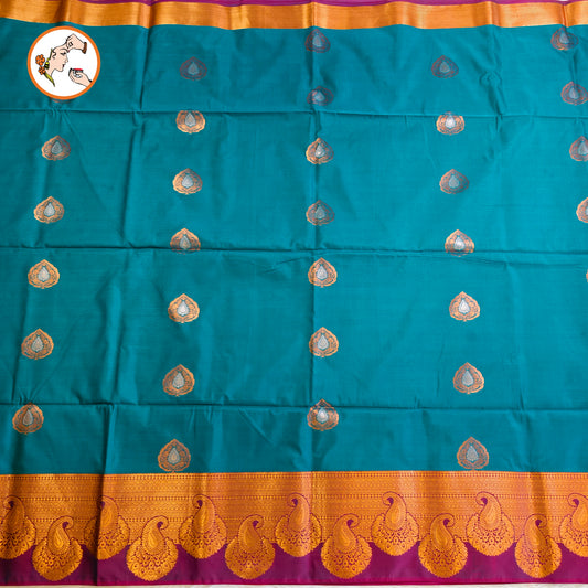 Peacock Blue with Pink turning border Kanchipuram Soft Silk Saree