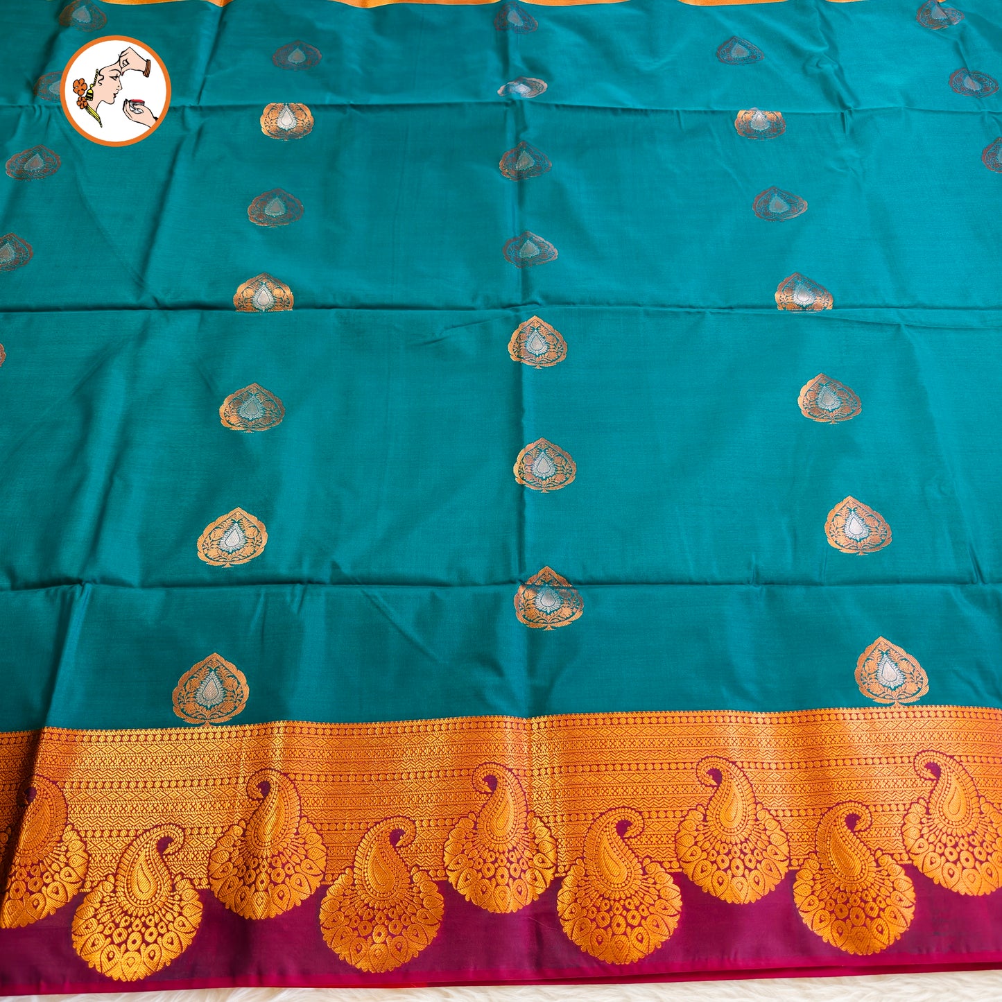 Peacock Blue with Pink turning border Kanchipuram Soft Silk Saree