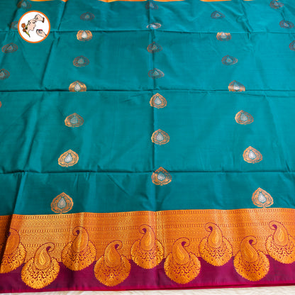 Peacock Blue with Pink turning border Kanchipuram Soft Silk Saree