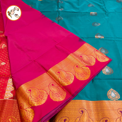 Peacock Blue with Pink turning border Kanchipuram Soft Silk Saree