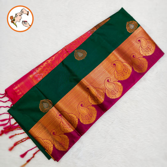 Dark Green with Pink turning border Kanchipuram Soft Silk Saree