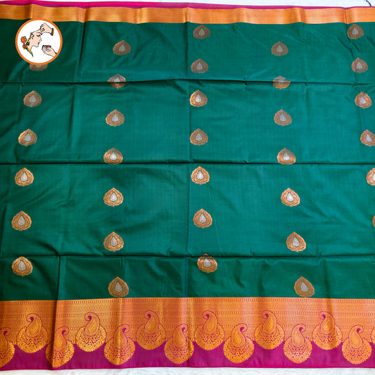 Dark Green with Pink turning border Kanchipuram Soft Silk Saree