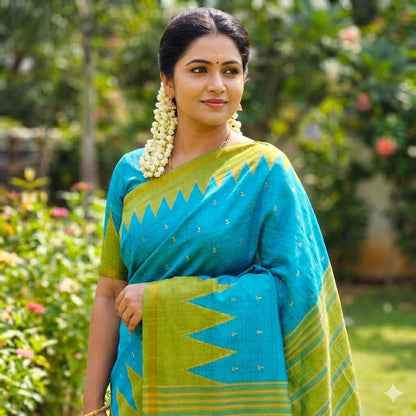 Sky Blue with Green Temple border Dola Silk Casual Saree