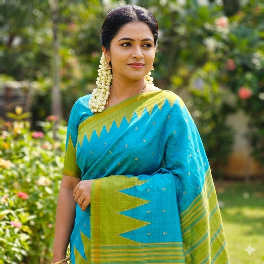 Sky Blue with Green Temple border Dola Silk Casual Saree