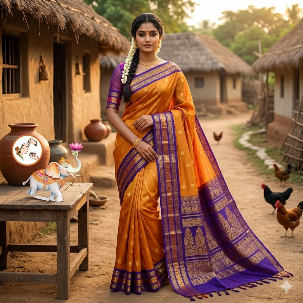 Orange with Blue Vairoosi lines Mango butta Pure Silk Cotton Saree