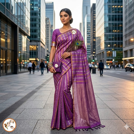 Lavender Vertical stripes Handloom Cotton Casual Saree