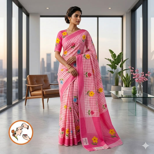 Pink checks pattern Linen Cotton Casual Saree