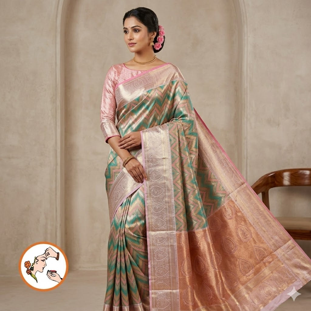Sky Blue with Pink Zigzag Pattern Kanchipuram Tissue Silk Saree