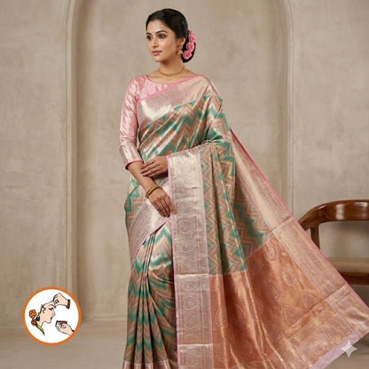 Sky Blue with Pink Zigzag Pattern Kanchipuram Tissue Silk Saree