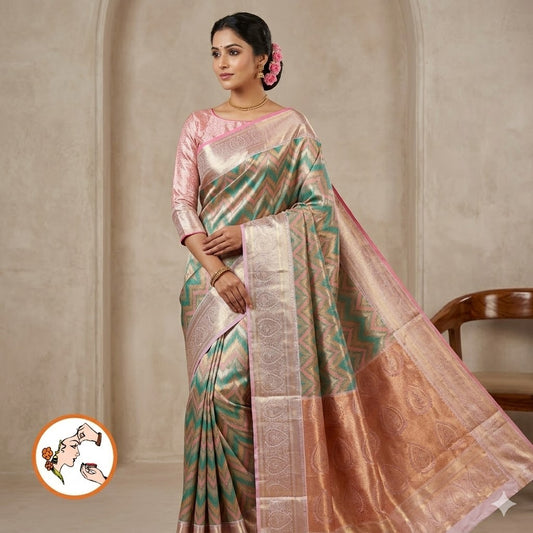 Sky Blue with Pink Zigzag Pattern Kanchipuram Tissue Silk Saree