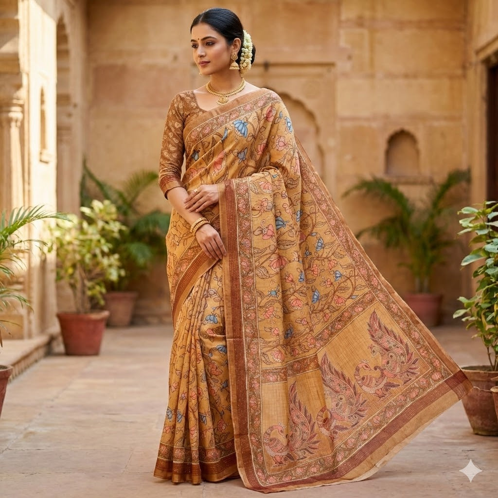 Mustard Yellow colour Chanderi Kantha Embroidary Casual Saree