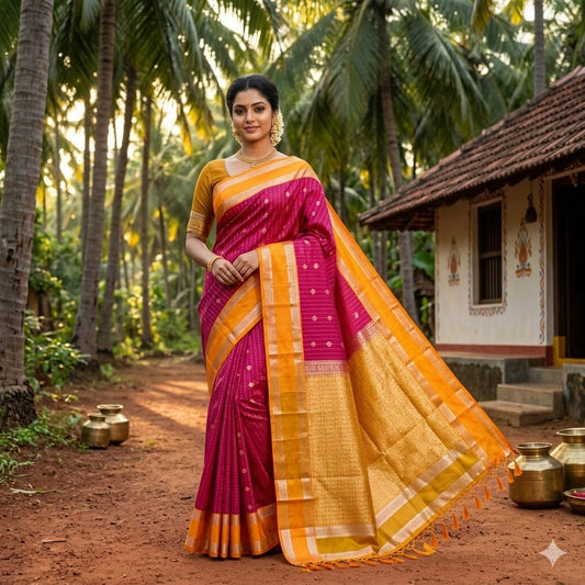 Dark Pink with Mustard Yellow Raindrop design Retta Petta border Semi Soft Silk Saree