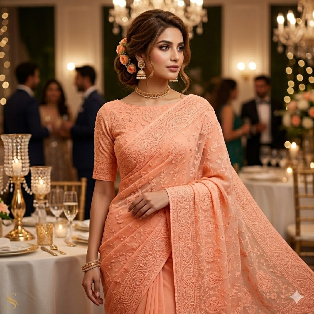 Peach Lucknowi Chikankari Embroidery Pure Chiffon Partywear Saree
