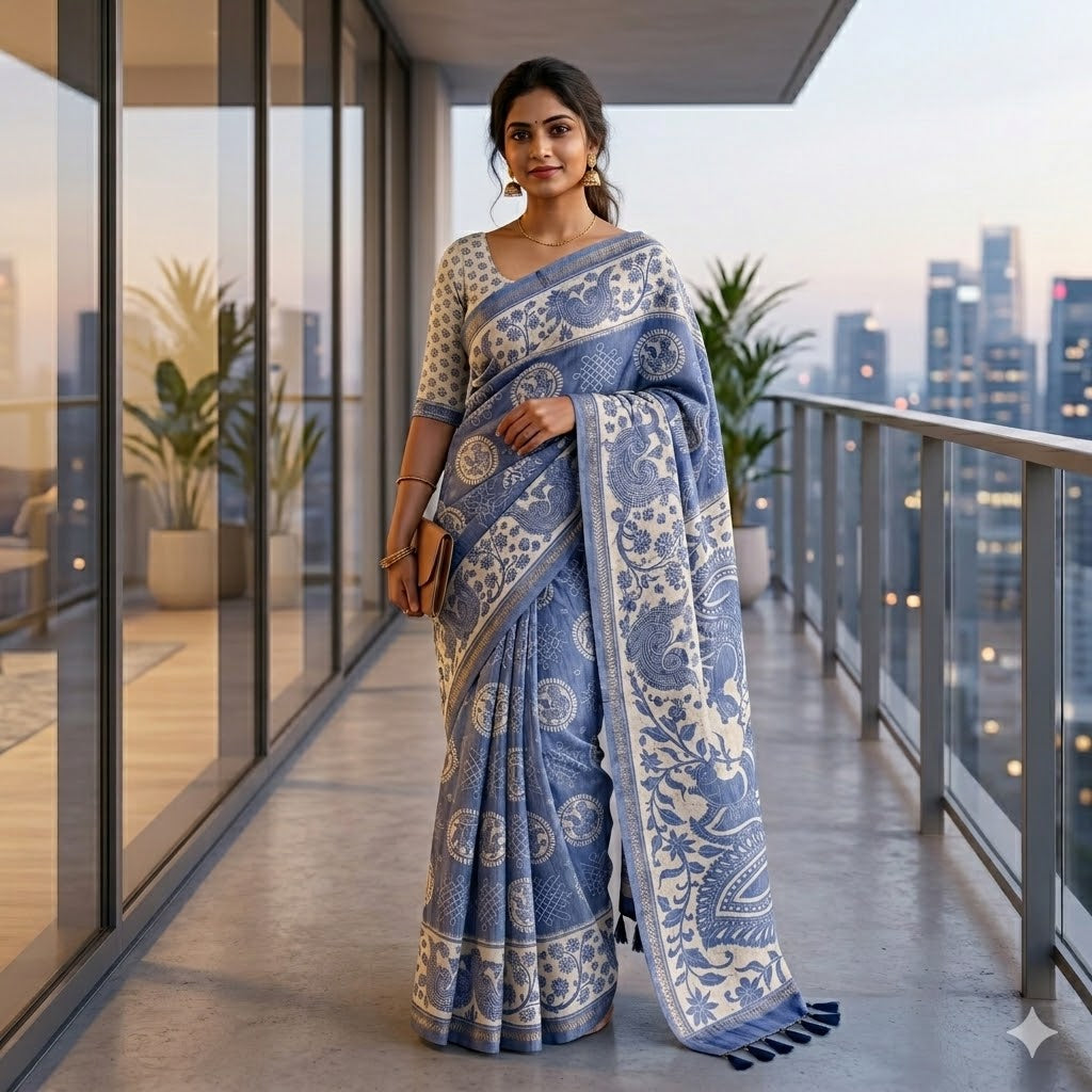 Indigo Blue Kalamkari Tussar Silk Saree with Kolam & Elephant Peacock butta