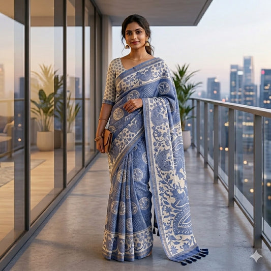 Indigo Blue Kalamkari Tussar Silk Saree with Kolam & Elephant Peacock butta