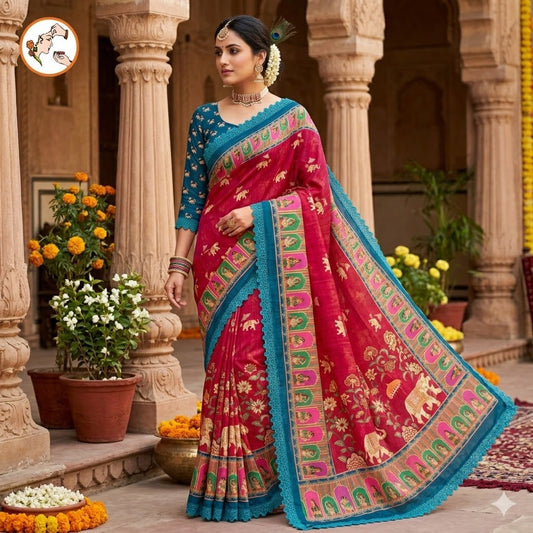 Maroon Rajput painting motif Georgette Saree with lace border
