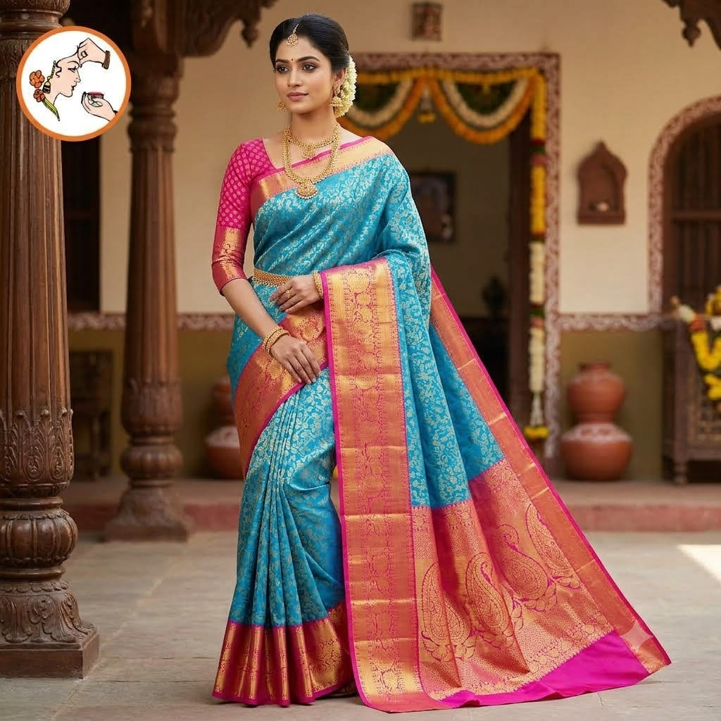 Peacock Blue & Dark Pink border with Gold zari work Traditional Kanchipuram Mix Silk Saree