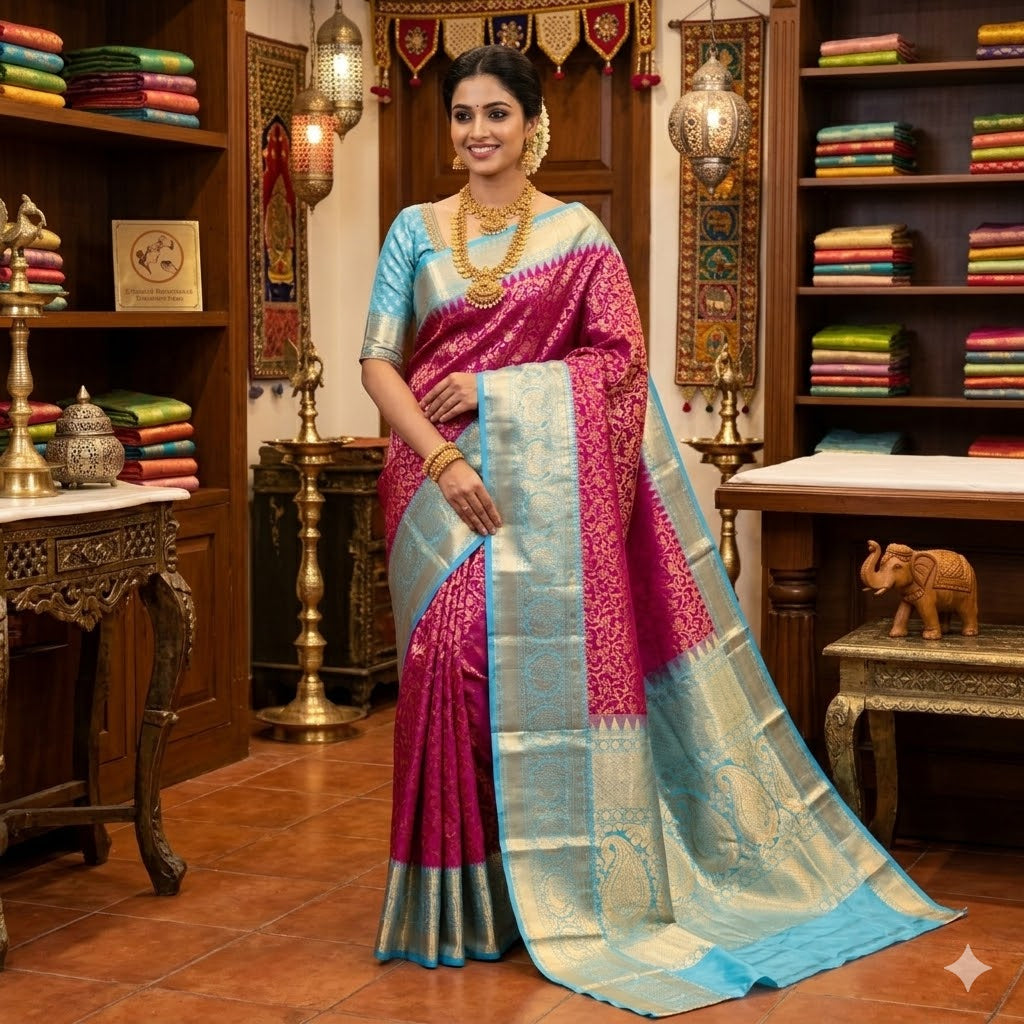 Purple with Sky Blue border Bridal Kanchipuram Mix Silk Saree