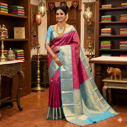 Purple with Sky Blue border Bridal Kanchipuram Mix Silk Saree