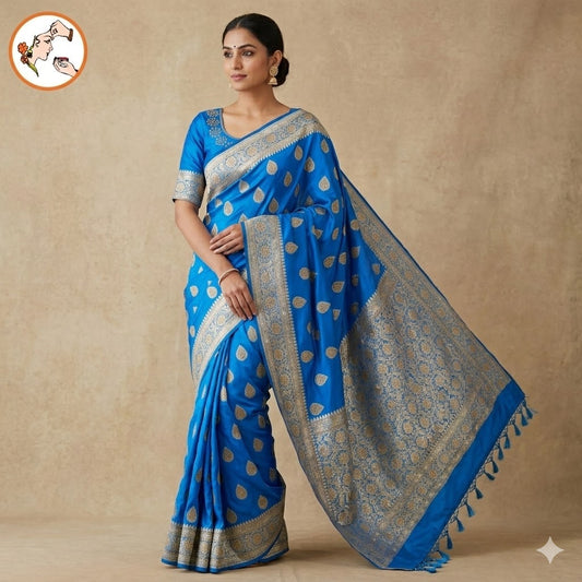 Blue Bridal Pure Banarasi Partywear Saree with Zircon stones