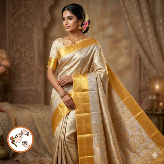 Off White with Gold border Kanchipuram Tissue Silk Saree