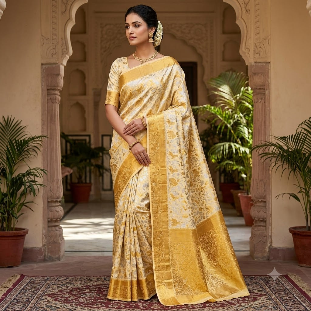 Offwhite Gold zari border intricate Vanasingaram weaving Kanchipuram Mix Silk Saree