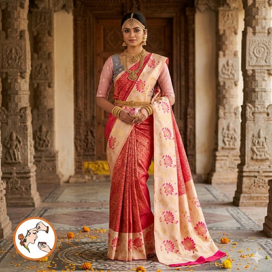 Pink with Off White Lotus border Fancy Semi Silk Saree