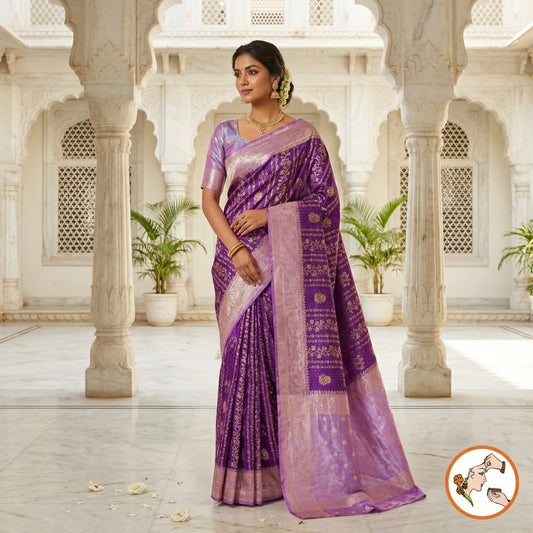Purple with Baby Pink border Rich Gold zari work Georgette Silk Fancy Saree
