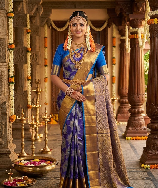 Navy Blue Peacock Motif Bridal Pure Kanchipuram Silk Saree