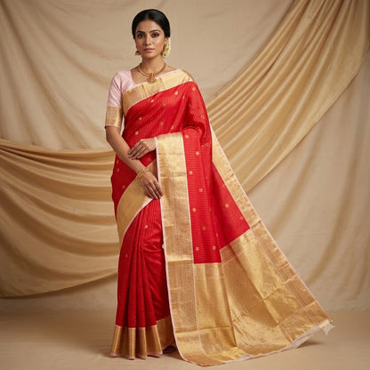Red with Off white border golden zari vertical stripes & peacock motif Kanchipuram Semi Silk Saree