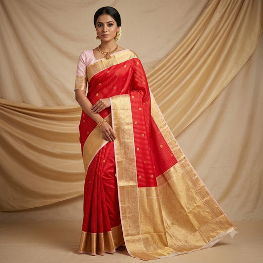 Red with Off white border golden zari vertical stripes & peacock motif Kanchipuram Semi Silk Saree